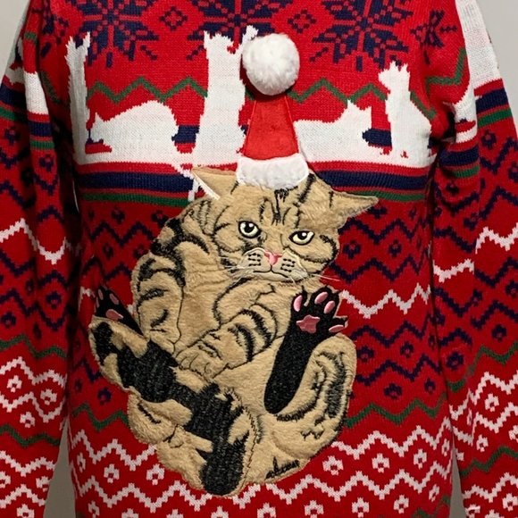 Ugly Christmas Sweater Cat Kitten Grooming Licking Sitting Snowflake Men Women L - Picture 2 of 4